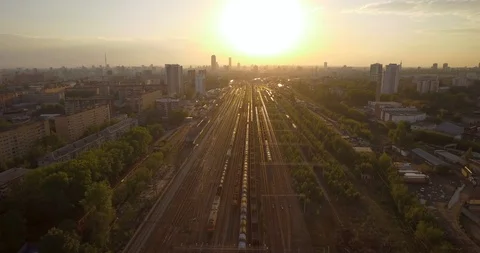 The railway at sunset. Running train. Stock-Footage 90707816