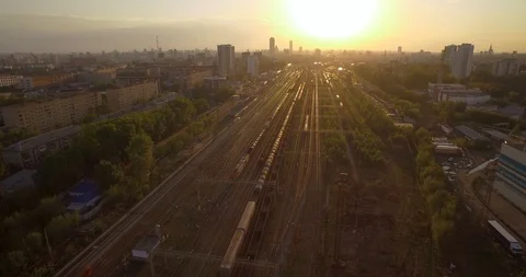 The railway at sunset. Running train. Stock Footage 90708455
