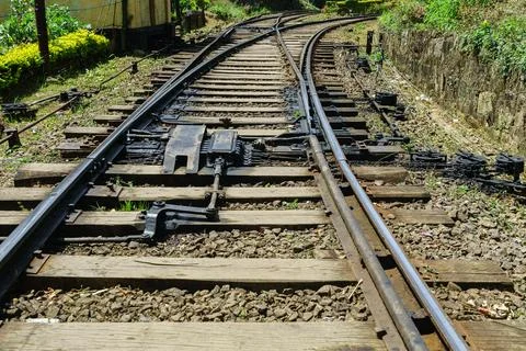 The railway switch system for controls the direction of the railroad Stock Photos