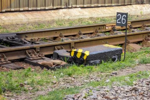 Railway switch unit on rails. Automatic junction for transportation control s 库存照片