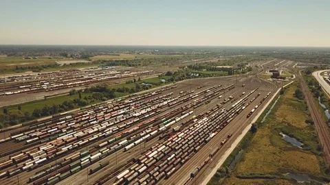 Railway switching Yard with many parallel railroad tracks Stock Footage 111893121
