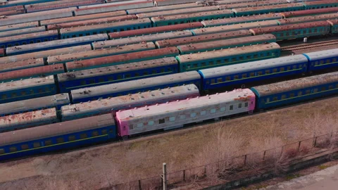 Railway switching Yard with many parallel railroad tracks 4k Stock Footage 150747603