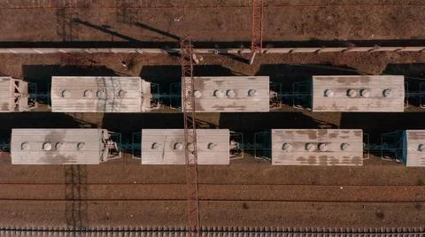 Railway switching Yard with many parallel railroad tracks 4k Stockfoto's