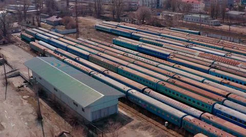 Railway switching Yard with many parallel railroad tracks 4k 库存照片