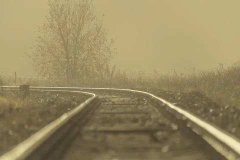 Railway track for engine unit passenger trains in autumn foggy morning Stock Photos