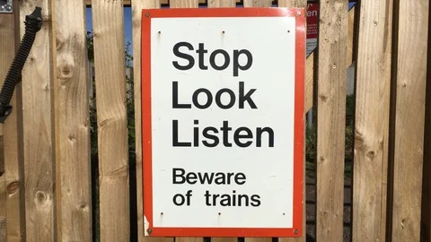 Railway track level crossing warning sign, Inverness Stock Footage 76799119