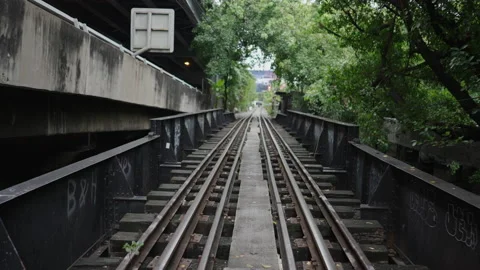 Railway track surrounded by overhanging trees in Bangkok Video stock 221515766