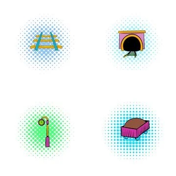 Railway track, tunnel, station clock, freight wagon icons Stock Illustration