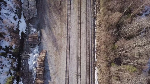 Railway tracks and loading area of timber wood Stock Footage 116094022