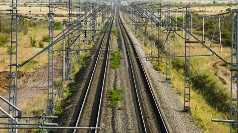 Railway tracks extending into the future Stock Footage 339765656