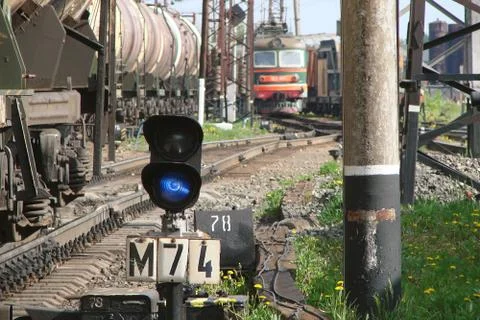 Railway traffic light shunting at a station in Russia Stock Photos