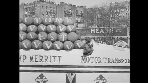Railway train float represents in parade - 1918 Stock Footage 83702182
