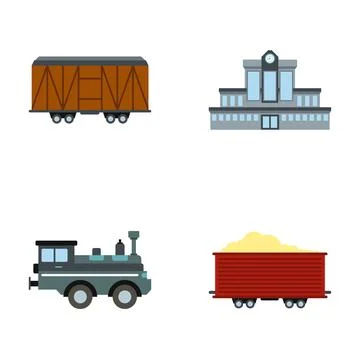 Railway transport icons set with train station and wagons Stock Illustration