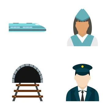 Railway travel elements with high speed commuter train icons Stock Illustration