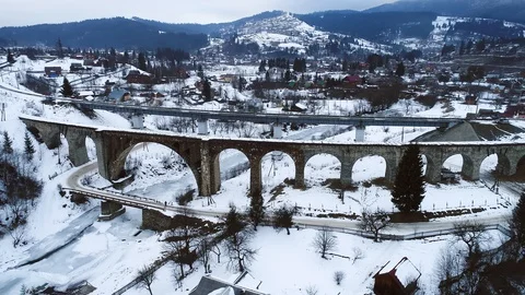 Railway viaduct in winter Stock Footage 128694537