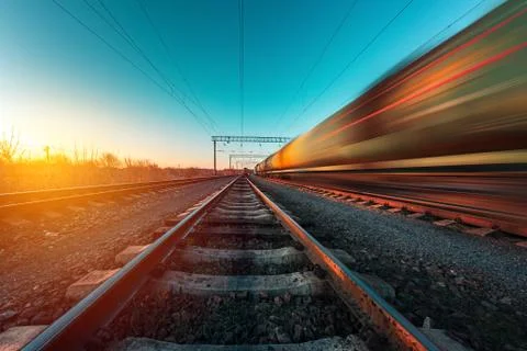 Railway on which a freight train Stock Photos