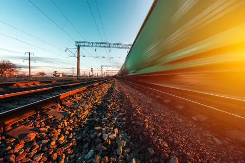 Railway on which a freight train Stock Photos