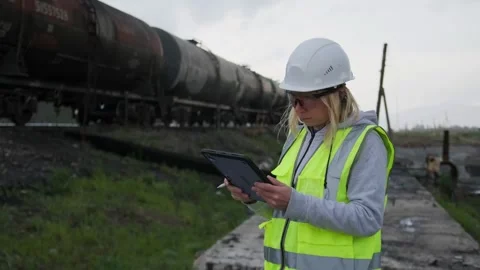 Railway worker controller in hard hat and vest at outdoors near railroad car Stock Footage 273816764