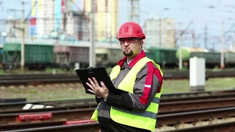 Railwayman with computer at freight train terminal Video stock 83889196