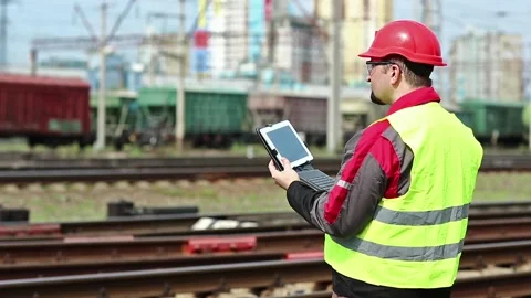 Railwayman with computer at freight train terminal Stock Footage 85757024