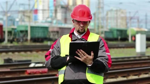 Railwayman with computer at freight train terminal Video stock 86160988