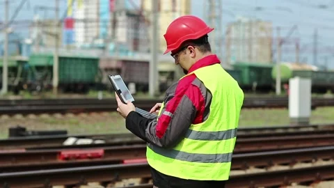 Railwayman with computer at freight train terminal Video stock 86874674
