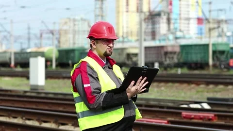 Railwayman with computer at freight train terminal Video stock 86944216