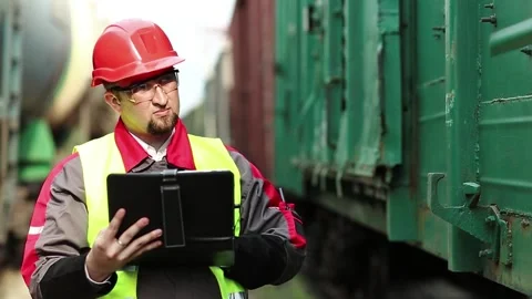 Railwayman with computer at freight train terminal Video stock 87071509