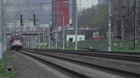 The railways and the train that moves forward by the rails. Video 1 Stock Footage 131454985