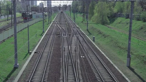 The railways and the train that moves forward by the rails. Video 3 Stock Footage 131455175