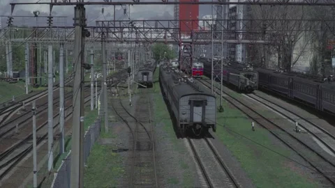 The railways and the train that moves forward by the rails. Video 8 Stock Footage 131455477