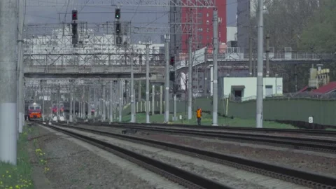 The railways and the train that moves forward by the rails. Video 9 Stock Footage 131455917