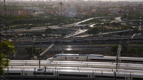 Railways in madrid the M30 highway in the background Stock Footage 82892290