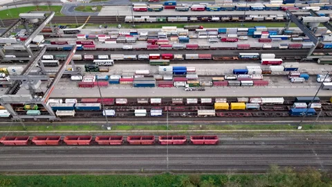 Railyard, freight yard and freight trains - aerial view Stock Footage 256242278