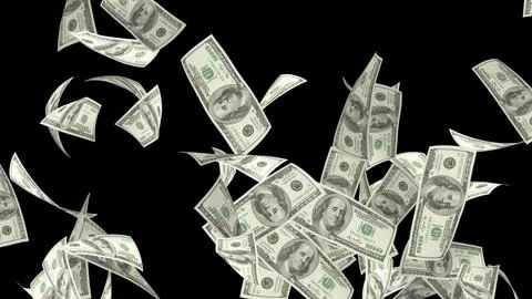 Rain of 100 dollar bills 3d. Falling cash on a black background render 3d Stock-Illustration