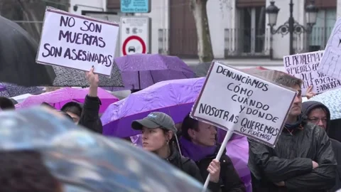 Rain accompanies the first 8M march in Madrid, Madrid, ES - 08 Mar 2025 Stock Footage 303721645