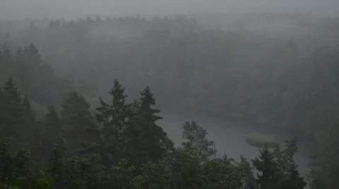 Rain and fog over the river valley Stock Footage 60657026