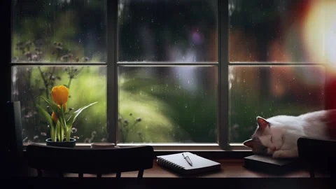 The rain and raindrops on the window, the sleeping cat and the sound of rain Stock Footage 246511587