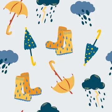 Rain and umbrellas seamless pattern. Autumn time. Clouds with rain and thunde Stockillustratie
