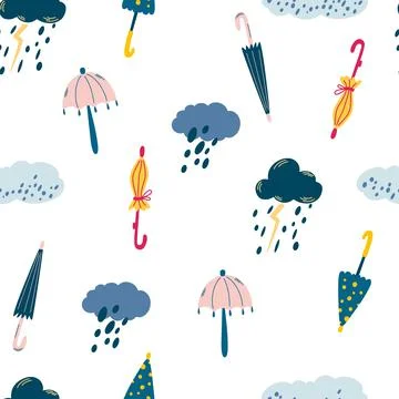Rain and umbrellas seamless pattern. Rainy day background. Clouds, rain, ligh Stockillustratie