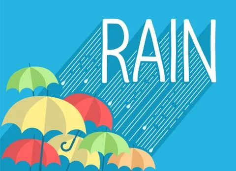 Rain background with stylish text and umbrellas Stock Illustration
