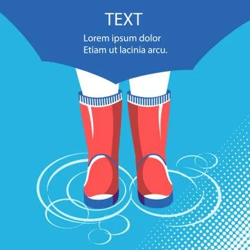 Rain background.Human legs in rubber boots under umbrella Stock Illustration