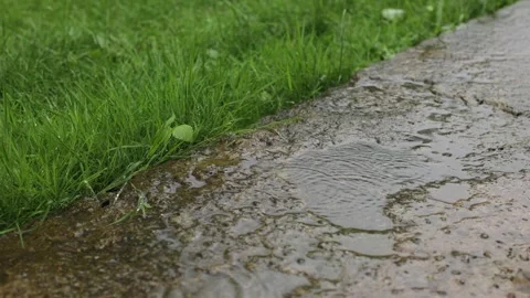 Rain, bad weather in the yard. Rain pours down on the concrete path Stock Footage 246453583