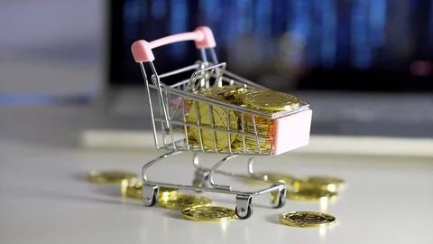 Rain bitcoin in cart. Background notebook Stock Footage 88389489