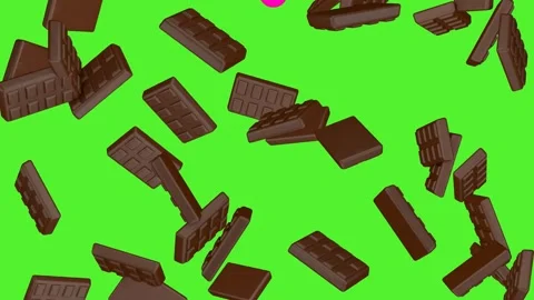 Rain of chocolate bars on a green background. 3D animation of sweets. Stock-Footage 304959948