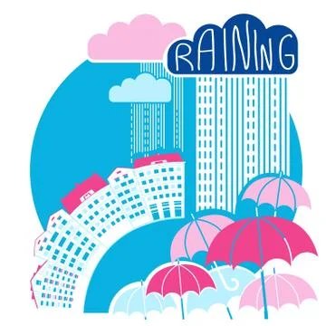 Rain city background with clouds and umbrellas.Vector color flat style Stock Illustration