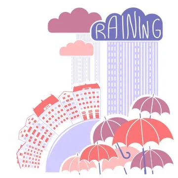 Rain city background with clouds and umbrellas Stock Illustration