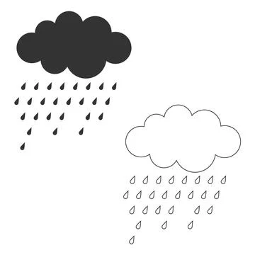 Rain cloud icons set with black silhouette and linear contour styles vector. Stock Illustration