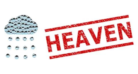 Rain Cloud Recursive Collage of Rain Cloud Icons and Distress Heaven Seal Stamp 스톡 일러스트