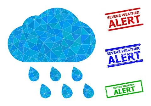 Rain Cloud Triangle Icon and Scratched Severe Weather Alert Simple Seals Illustrazione stock